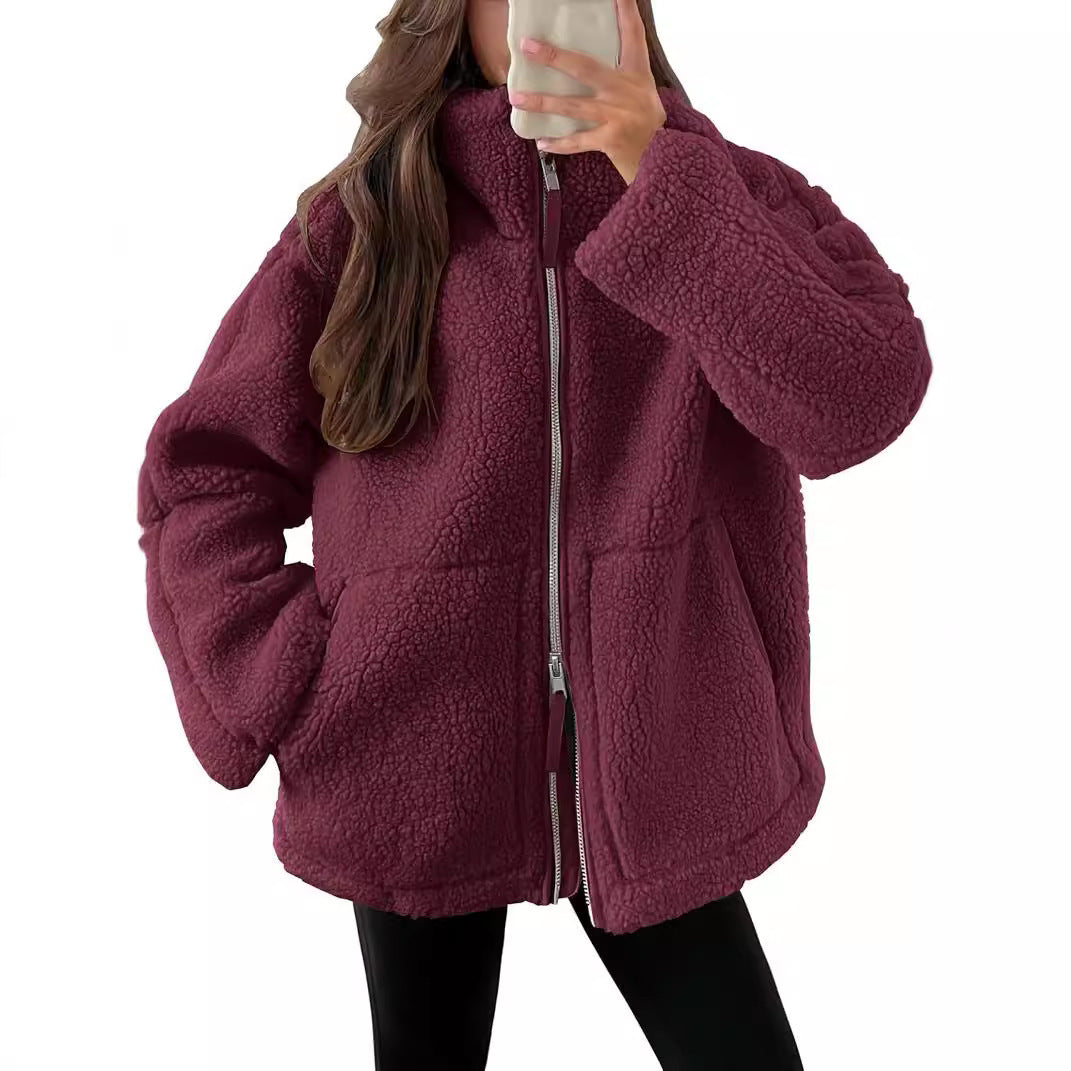 Winter Lapel Zip-up Coat With Pockets Casual Fashion Solid Fleece Jacket Fall Spring Long Sleeve Women's Clothing