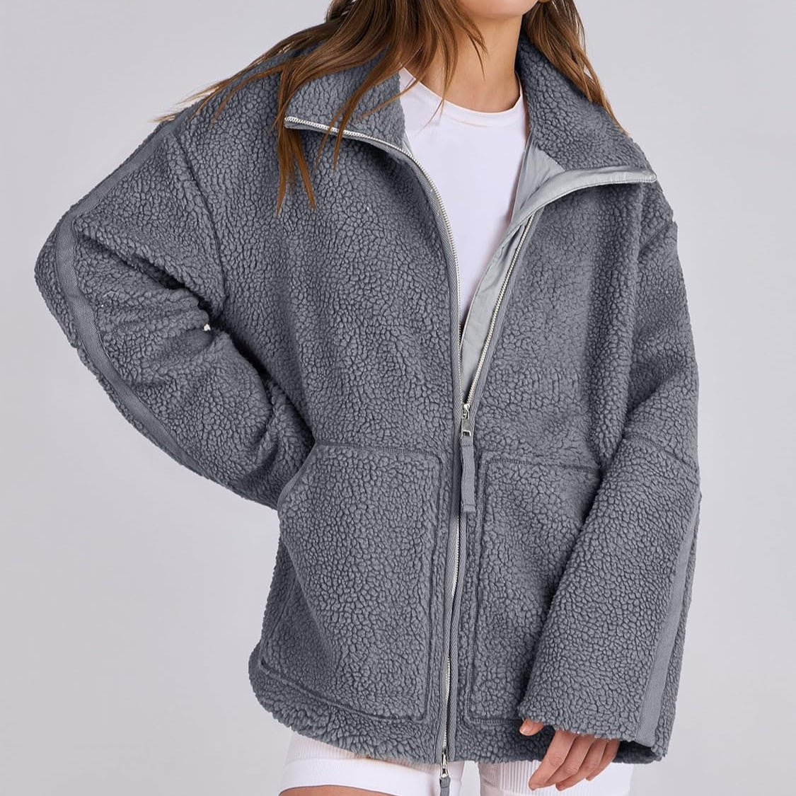 Winter Lapel Zip-up Coat With Pockets Casual Fashion Solid Fleece Jacket Fall Spring Long Sleeve Women's Clothing